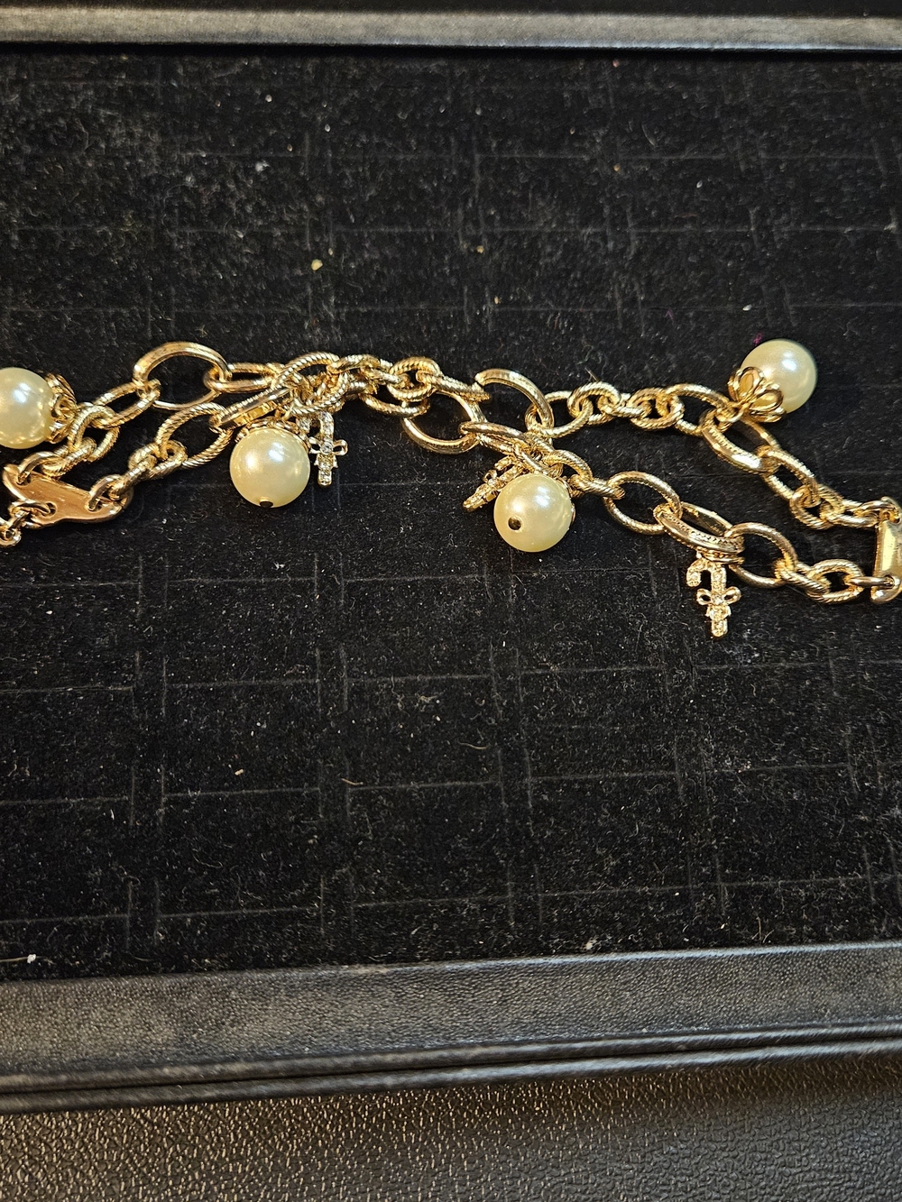 Gold Pearl Charm Bracelet with Cross Accents - Women Jewelry